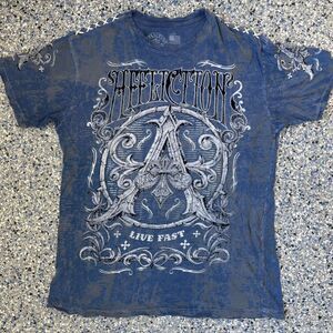 Affliction Men's Blue and Grey T-shirt